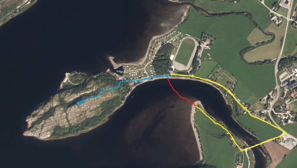 Trykk på bildet for å få større oppløsning av Stafett-traseen. Gul=Sykkel, Rød=Svømming, Blå=Løping.
